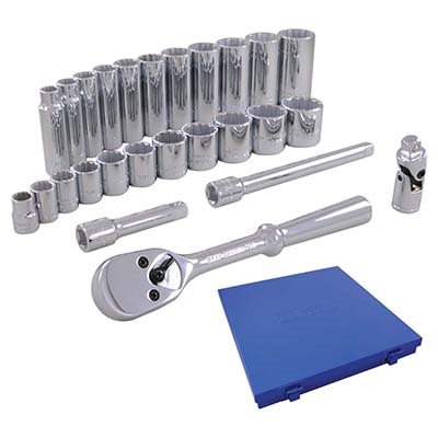 GRAY TOOLS 25126 - 26 PIECE 3 / 8" DRIVE 12 POINT SAE, STANDARD & DEEP, CHROME SOCKET & ATTACHMENT SET