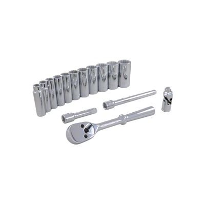 GRAY TOOLS 25315 - 15 PIECE 3 / 8" DRIVE 12 POINT SAE, DEEP CHROME SOCKET & ATTACHMENT SET