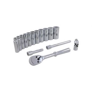 GRAY TOOLS 25315 - 15 PIECE 3 / 8" DRIVE 12 POINT SAE, DEEP CHROME SOCKET & ATTACHMENT SET