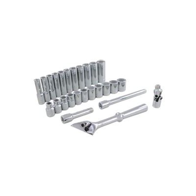 GRAY TOOLS 29126 - 26 PIECE 3 / 8" DRIVE 12 POINT METRIC, STANDARD & DEEP, CHROME SOCKET & ATTACHMENT SET