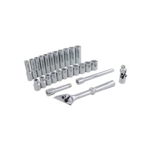 GRAY TOOLS 29126 - 26 PIECE 3 / 8" DRIVE 12 POINT METRIC, STANDARD & DEEP, CHROME SOCKET & ATTACHMENT SET