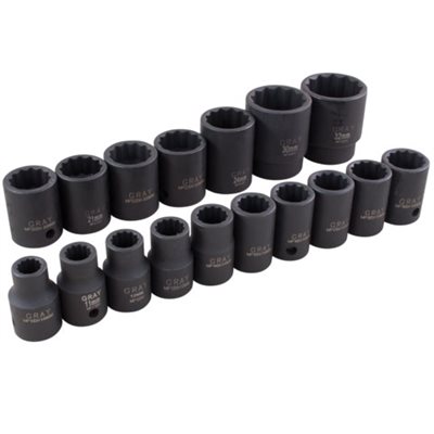 GRAY TOOLS 39117 - 17 PIECE 1 / 2" DRIVE 12 POINT METRIC, STANDARD IMPACT SOCKET SET, 10MM - 32MM