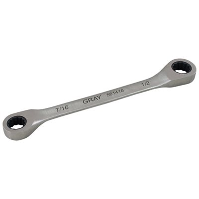 GRAY TOOLS 561416 - 7 / 16" X 1 / 2" DOUBLE BOX END, FIXED HEAD RATCHETING WRENCH, STAINLESS STEEL FINISH