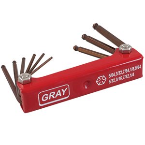 GRAY TOOLS 69949 - 9 PIECE S2 SAE LONG BALL, FOLDING HEX KEY SET, 5 / 64" - 1 / 4"