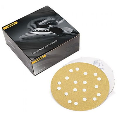 MIRKA 23-648-120 – GOLD 27 HOLE GRIP DISCS, 9", GRIT 120, QTY. 25