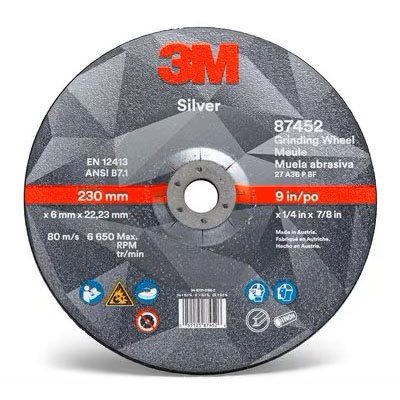 3M 7010410647 – SILVER DEPRESSED CENTER GRINDING WHEEL, 87452, T27, BLACK, 9 IN X 1 / 4 IN X 7 / 8 IN (22.86 CM X 6.35 MM)