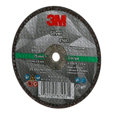 3M 7100138406 – SILVER CUT-OFF WHEEL, 87457, T1, BLACK, 3 IN X 0.04 IN X 1 / 4"-28 (7.62 CM X 1.02 MM)