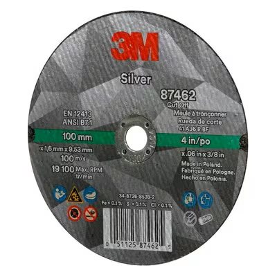 3M 7100139215 – SILVER CUT-OFF WHEEL, 87462, T1, BLACK, 4 IN X 0.06 IN X 3 / 8"-24 (10.16 CM X 1.52 MM)