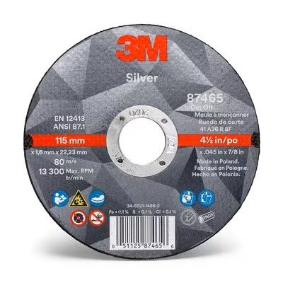 3M 7100139228 – SILVER CUT-OFF WHEEL 87465, T1, 4.5 IN X .045 IN X 7 / 8 IN (114.3 MM X 1.143 MM X 22.225 MM), 25 / INNER, 50 / CASE