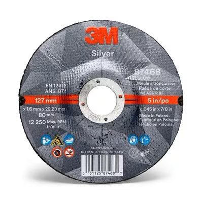 3M 7100139237 – SILVER CUT-OFF WHEEL 87468, T27, 5 IN X .045 IN X 7 / 8 IN (127 MM X 1.143 MM X 22.225 MM), 25 / INNER, 50 / CASE