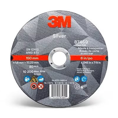 3M 7010412152 – SILVER CUT-OFF WHEEL 87469, T1, 6 IN X .045 IN X 7 / 8 IN (152.4 MM X 1.143 MM X 22.225 MM), 25 / INNER, 50 / CASE