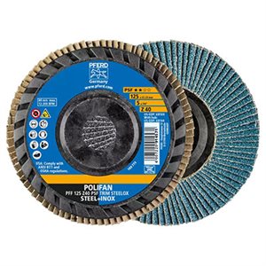 PFERD 68104 – 5" X 7 / 8" A.H. POLIFAN® FLAP DISC Z PSF TRIM STEELOX, ZIRCONIA, 40 GRIT, FLAT