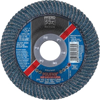 PFERD 67339 - 4-1 / 2" X 7 / 8" POLIFAN® CURVE FLAP DISC, SGP, ZIRCONIA, 40 GRIT, LARGE RADIUS