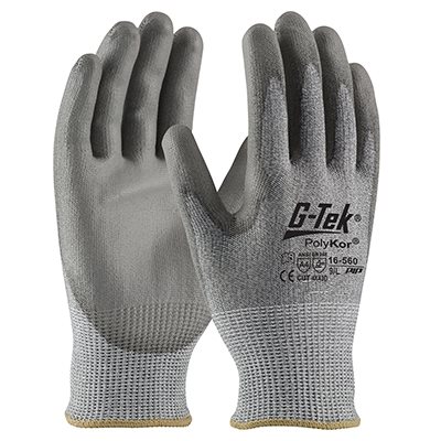 PIP G-TEK® POLYKOR® GP16560 – SEAMLESS KNIT POLYKOR® BLENDED CUT RESISTANT GLOVES WITH POLYURETHANE COATED FLAT GRIP ON PALM & FINGERS, MEDIUM