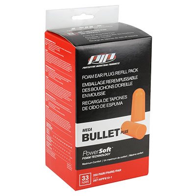 PIP MEGA BULLET™ PLUS NP267HPF8101 – BOUCHON ANTI-BRUIT JETABLE, EN VRAC, MOUSSE EN POLYURÉTHANE, NRR 33, 250 PAIRES / BOÎTE