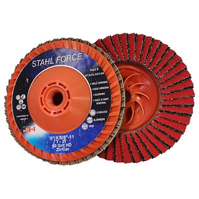 STAHL FORCE STAHL5ZC60 – 5" PREMIUM STANDARD DENSITY CERAMIC / ZIRCONIA FLAP DISC, TRIMMABLE BACK, 5 / 8"- 11 BUILT-IN THREAD, GRIT 60, 10 / BOX