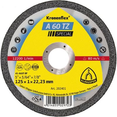 KLINGSPOR 233742 - KRONENFLEX® DEPRESSED CENTER GRINDING WHEELS 5 X 3 / 64 (1MM) X 7 / 8 A60TZ