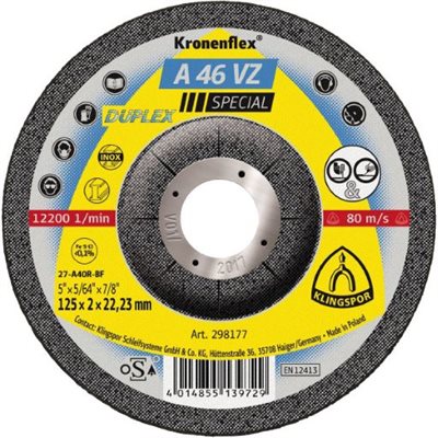 KLINGSPOR 298176 - KRONENFLEX® DEPRESSED CENTER GRINDING WHEELS 4-1 / 2 X 5 / 64 (2MM) X 7 / 8 A46VZ