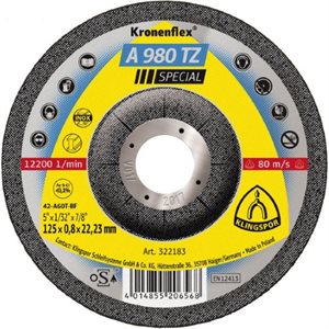 KLINGSPOR 322182 - KRONENFLEX® DEPRESSED CENTER GRINDING WHEELS 4-1 / 2 X 1 / 32 (0.8MM) X 7 / 8 A980TZ